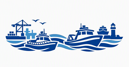 Ilustración de transporte acuático: embarcaciones de apoyo operando en el puerto